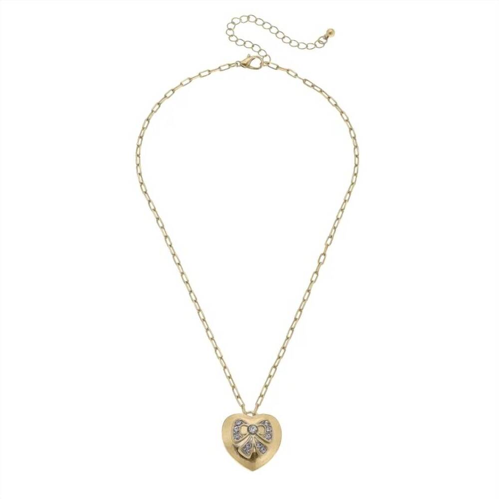 NEW CANVAS STYLE women's crystal bow and chain link heart pendant necklace in go